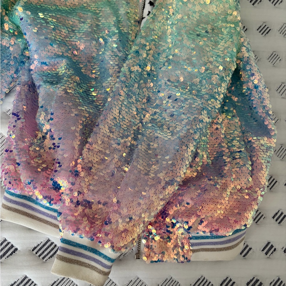 Lola + The Boys Iridescent Sequin Pastel Bomber Jacket - Pink, Blue, Green - Picture 3 of 4